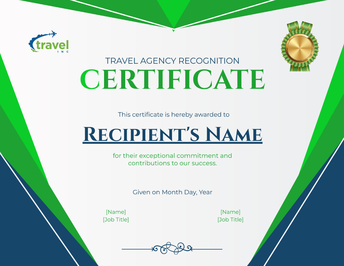 Travel Agency Recognition Certificate Template