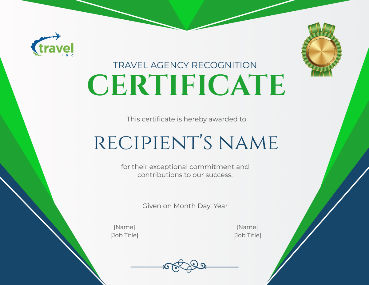 Travel Agency Recognition Certificate Template