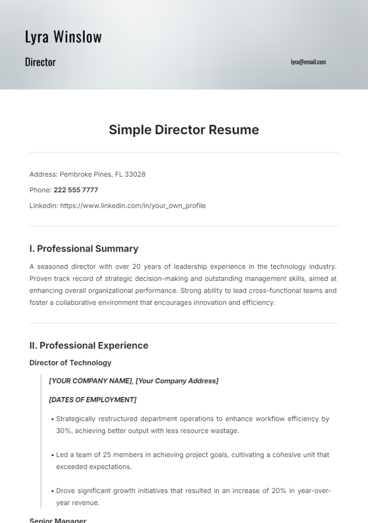 Simple Director Resume Template - Edit Online & Download