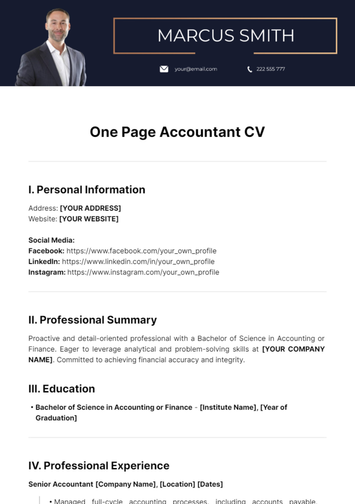 One Page Accountant CV Template - Edit Online & Download