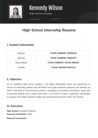 Free High School Internship ATS Resume Template, AI Resume Builder