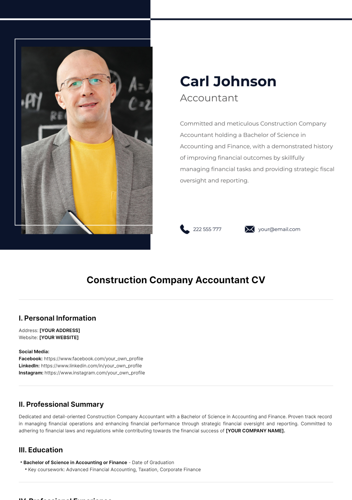 Construction Company Accountant CV Template - Edit Online & Download