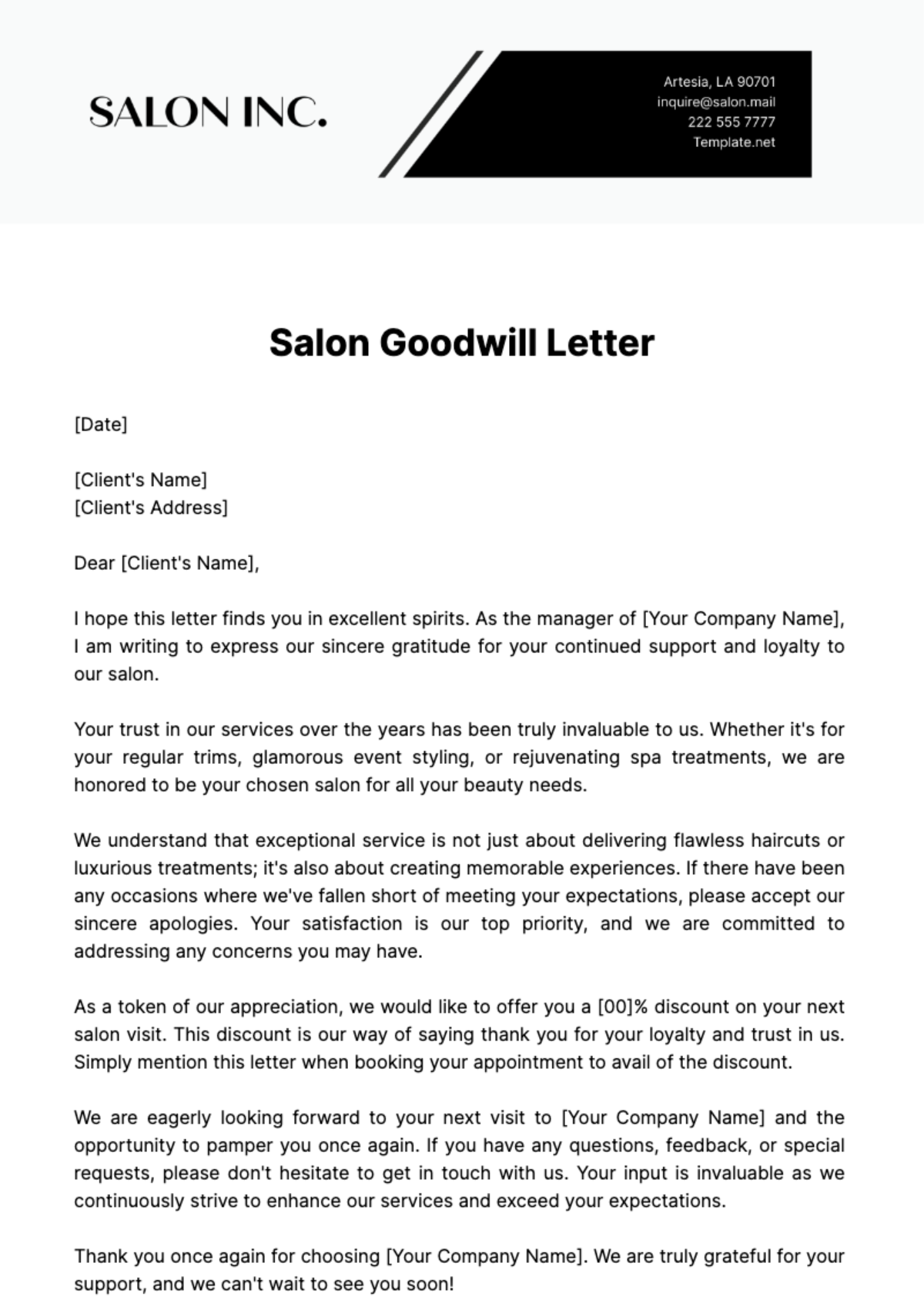 Salon Goodwill Letter Template