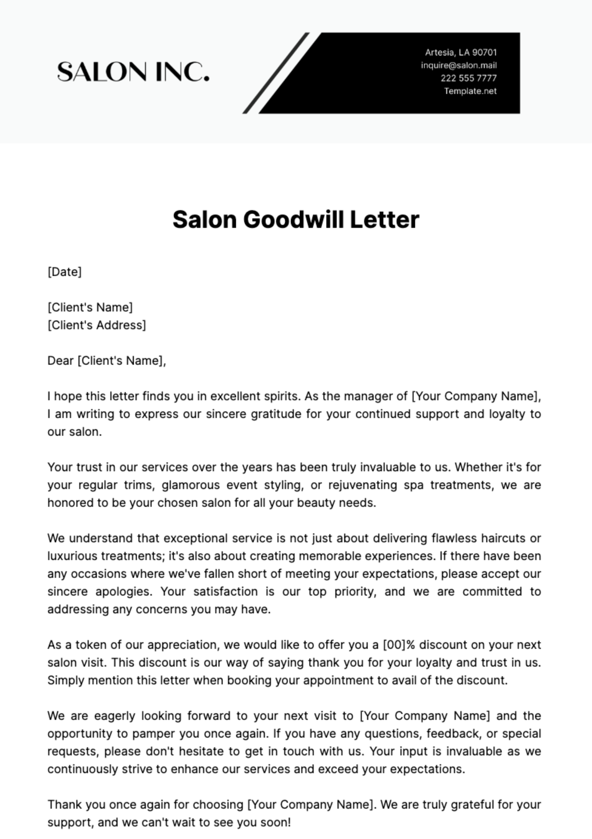 Salon Goodwill Letter Template - Edit Online & Download