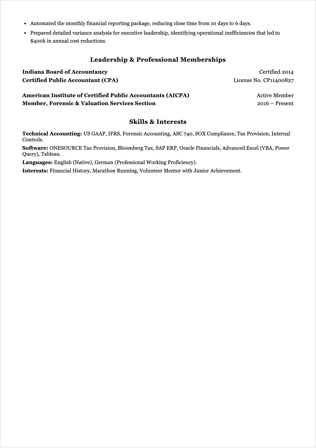 Free Certified Public Accountant ATS CV Template, AI CV Builder