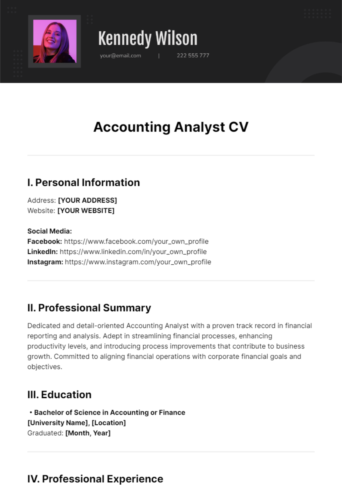 Accounting Analyst CV Template - Edit Online & Download