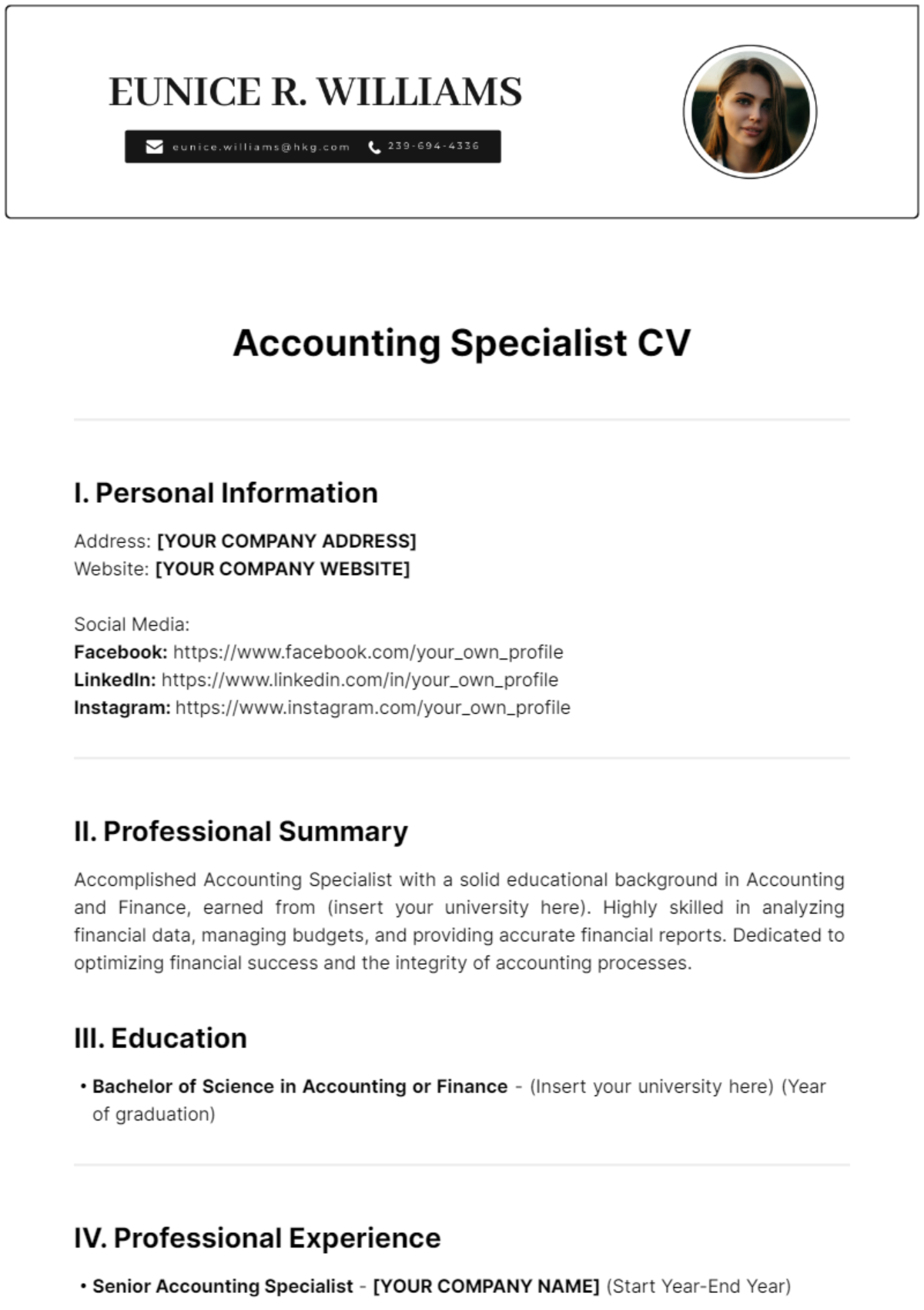 Accounting Specialist CV Template - Edit Online & Download