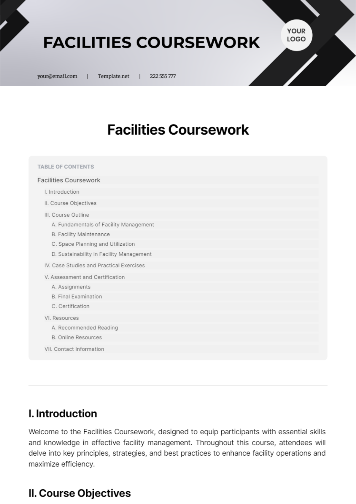 Facilities Coursework Template - Edit Online & Download