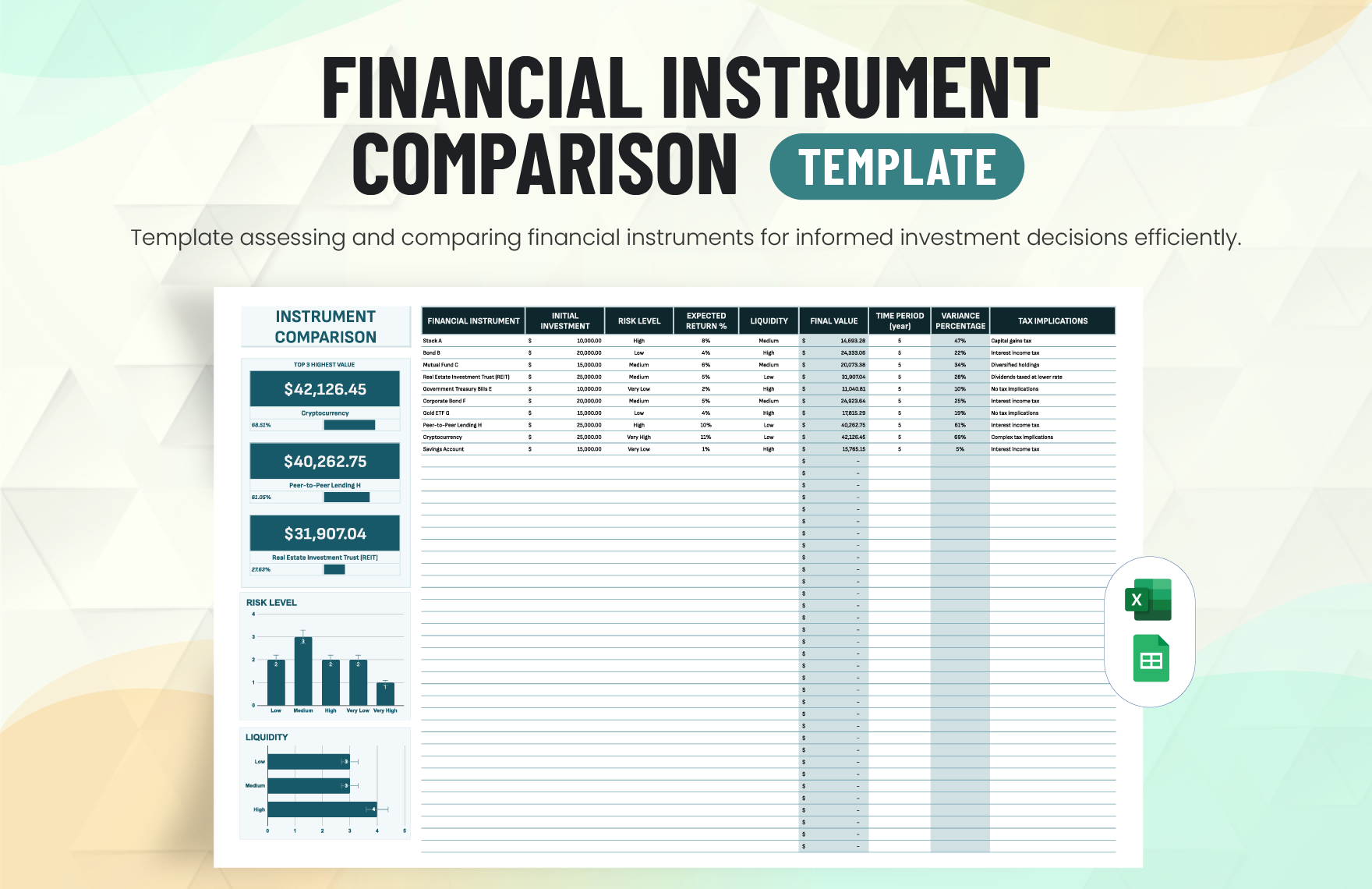 Financial Instrument Comparison Template in Excel, Google Sheets