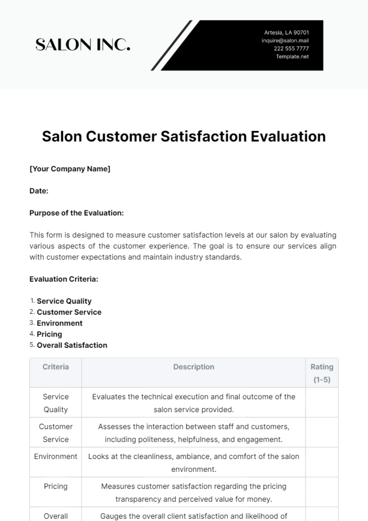 Salon Customer Satisfaction Evaluation Template