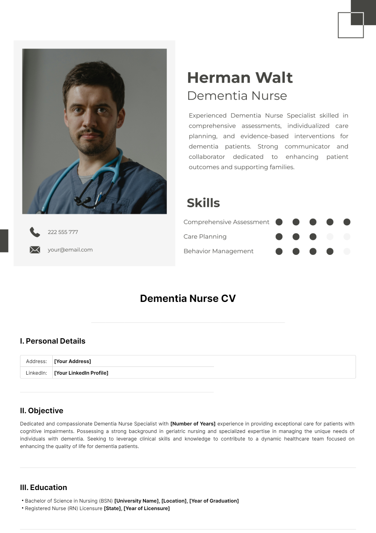 Free Dementia Nurse CV Template