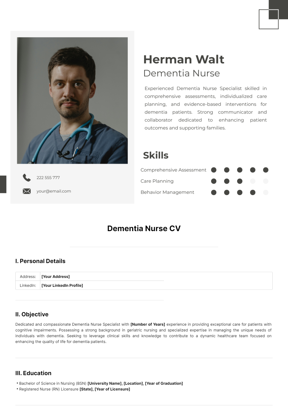 Dementia Nurse CV Template - Edit Online & Download