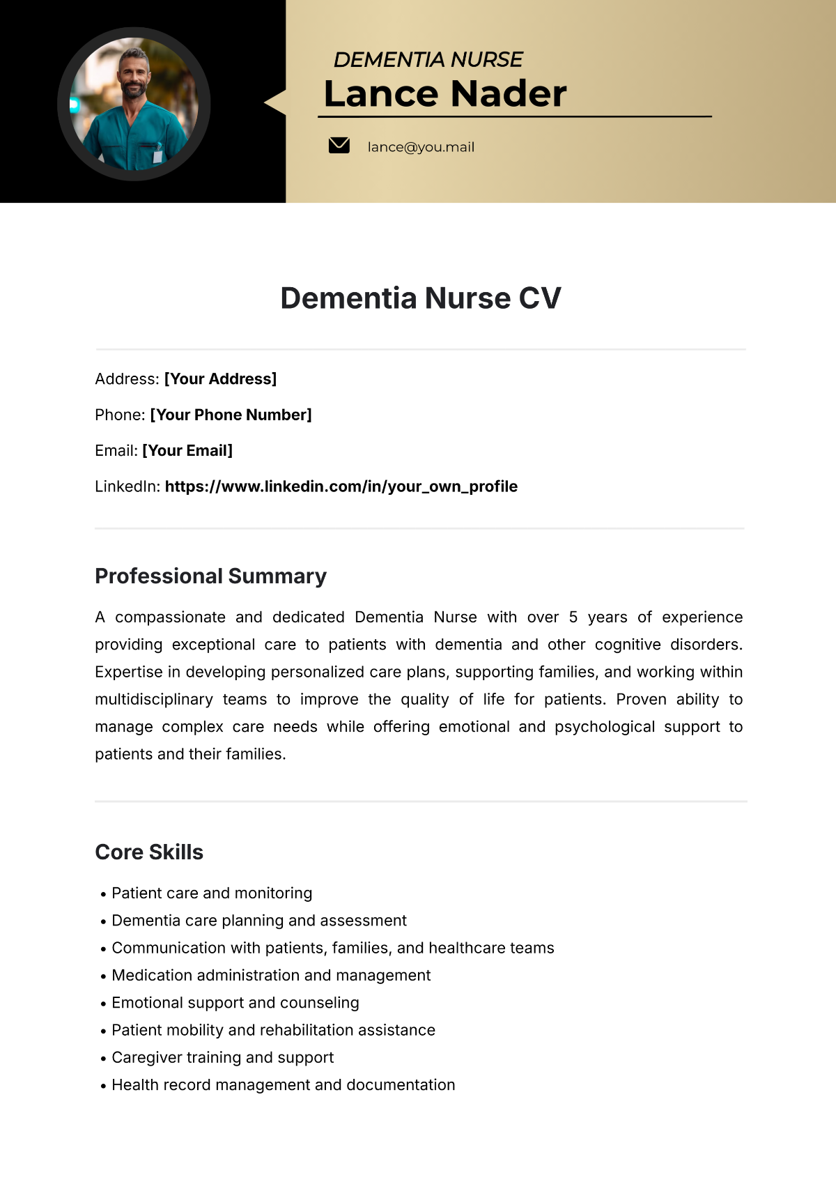 Dementia Nurse CV Template - Edit Online & Download