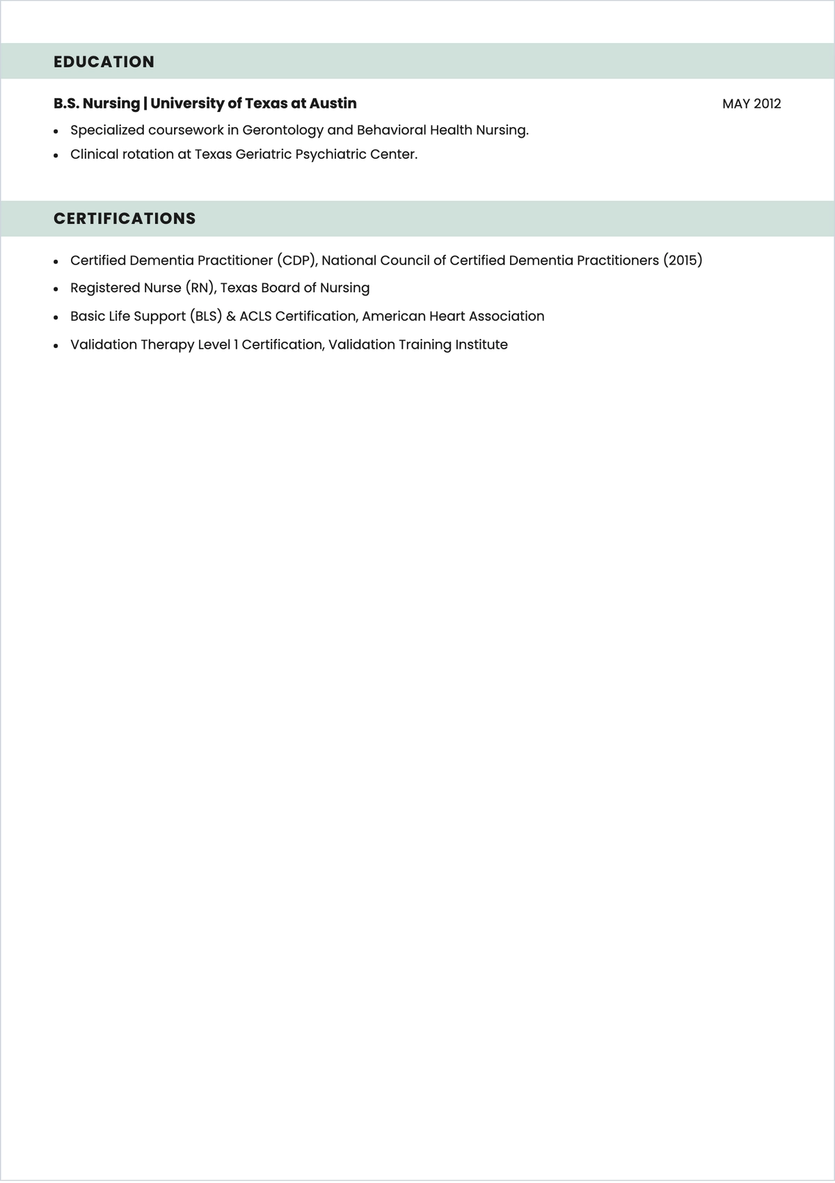 Free Dementia Nurse ATS CV Template, AI CV Builder