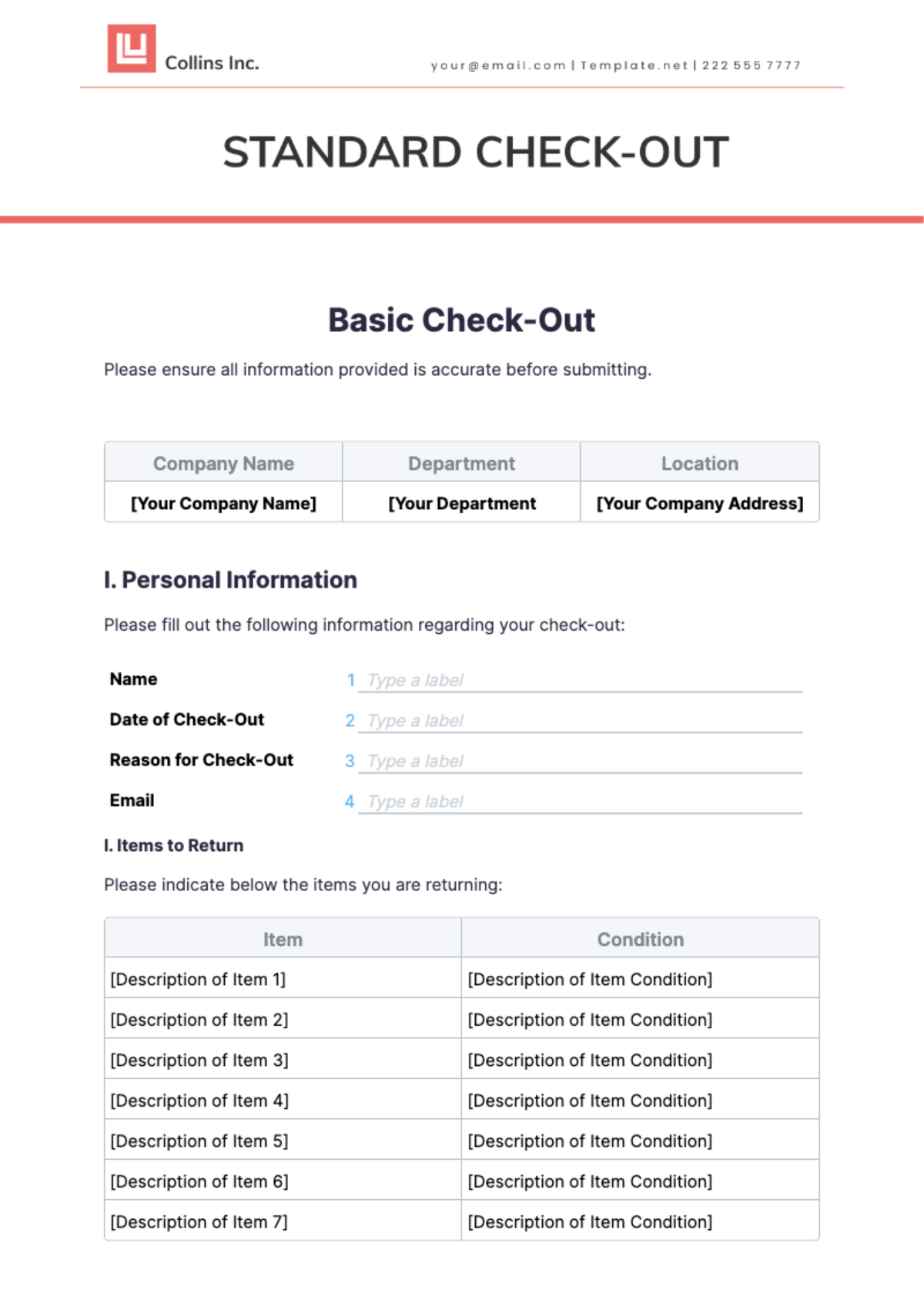 Basic Check-Out Template - Edit Online & Download