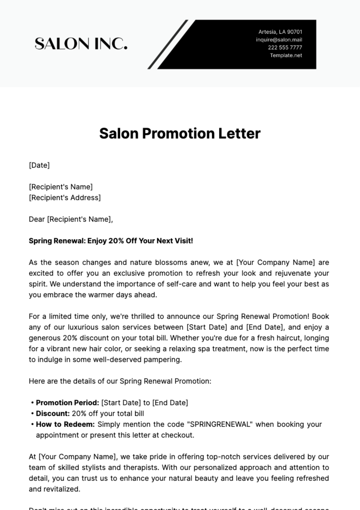 Salon Promotion Letter Template