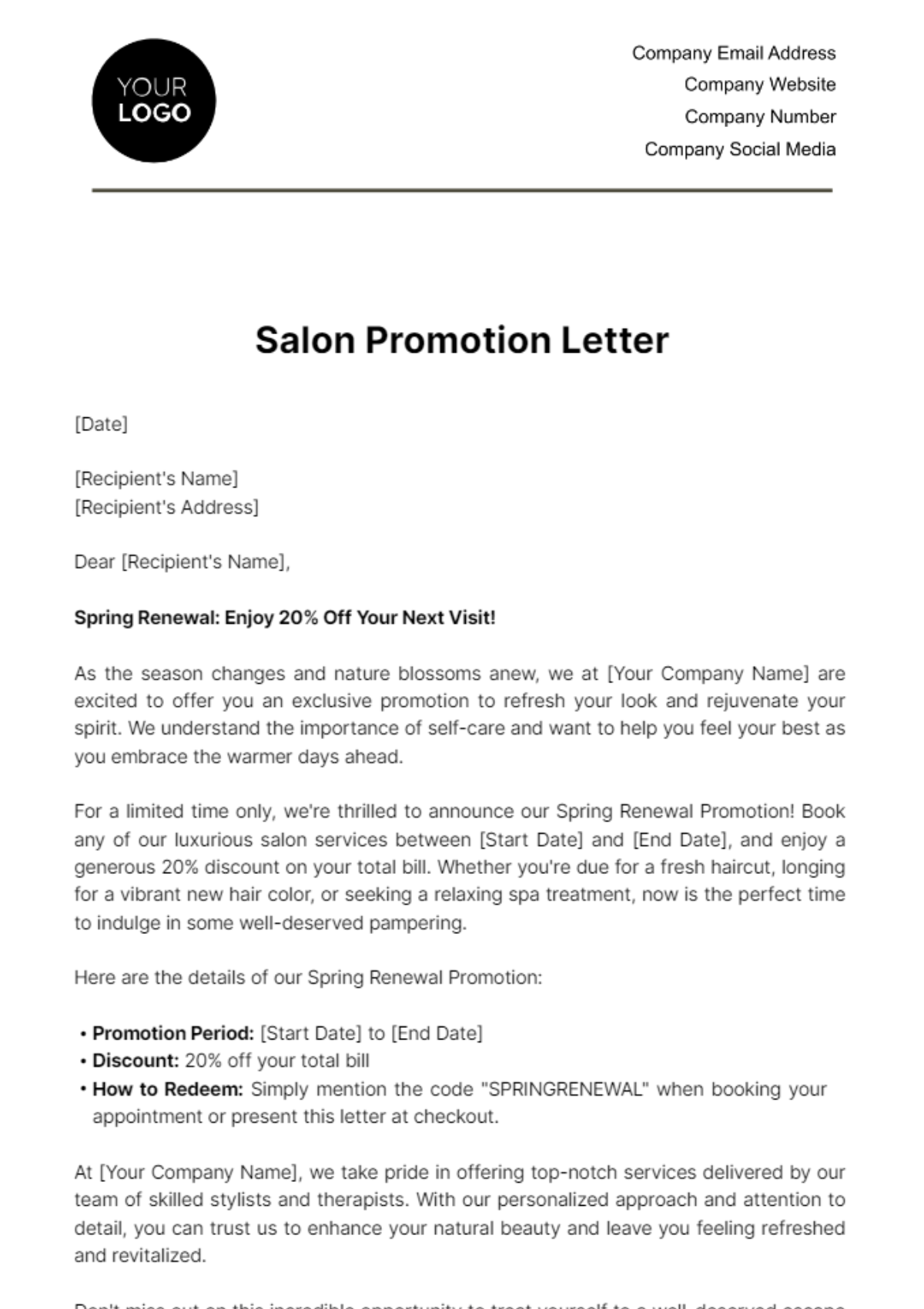 Salon Promotion Letter Template