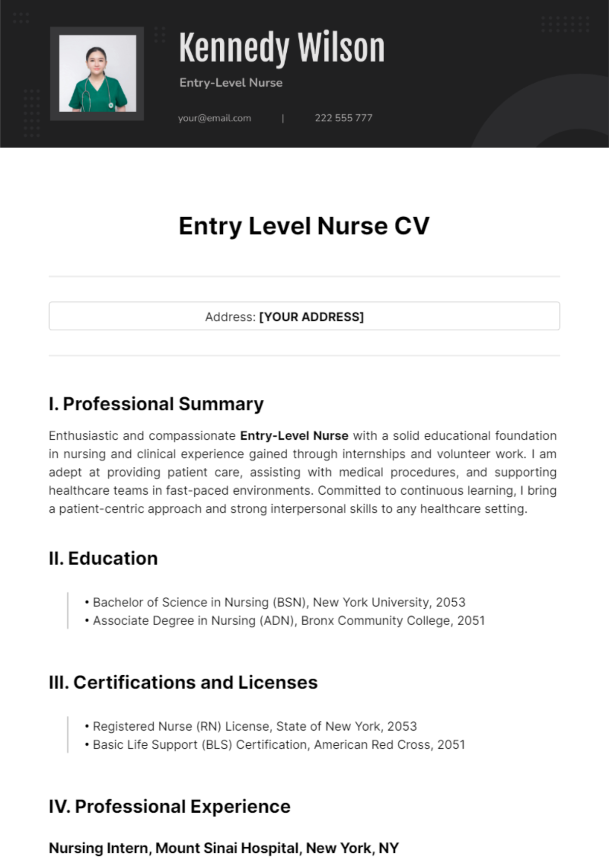 Free Entry Level Nurse CV Template