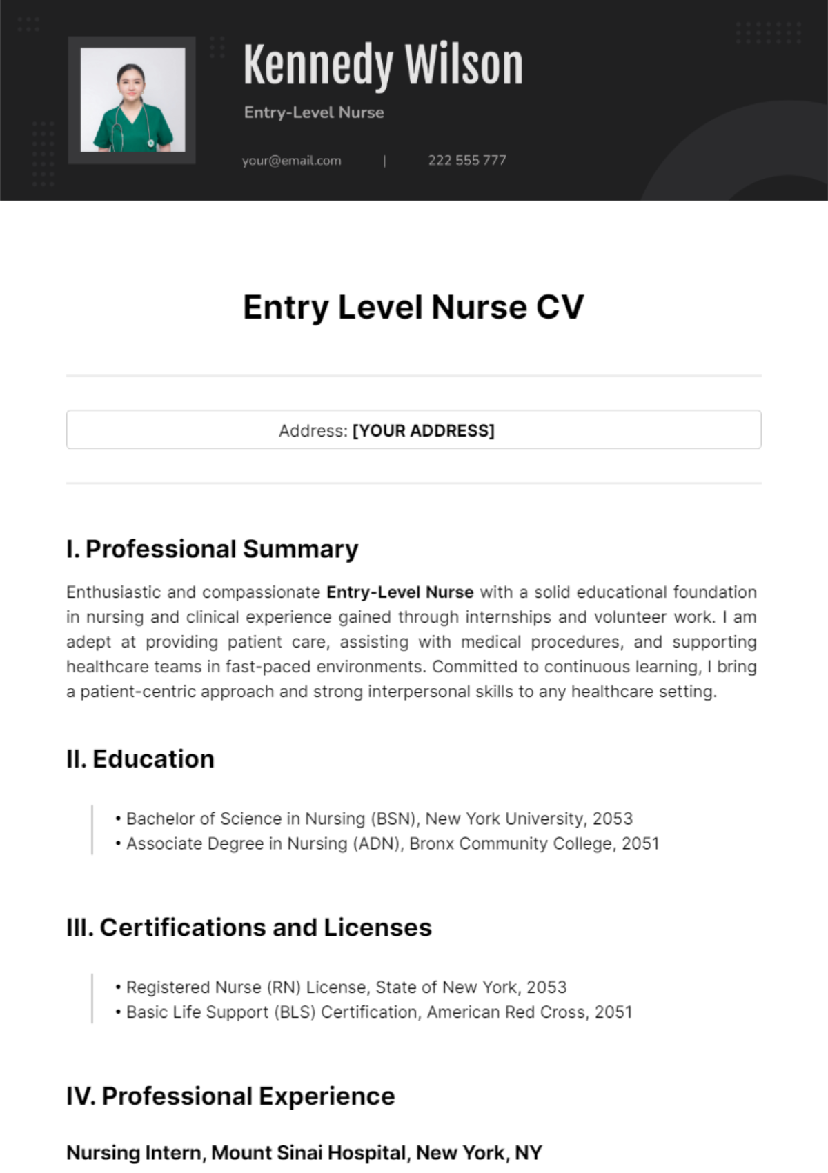 Entry Level Nurse CV Template - Edit Online & Download