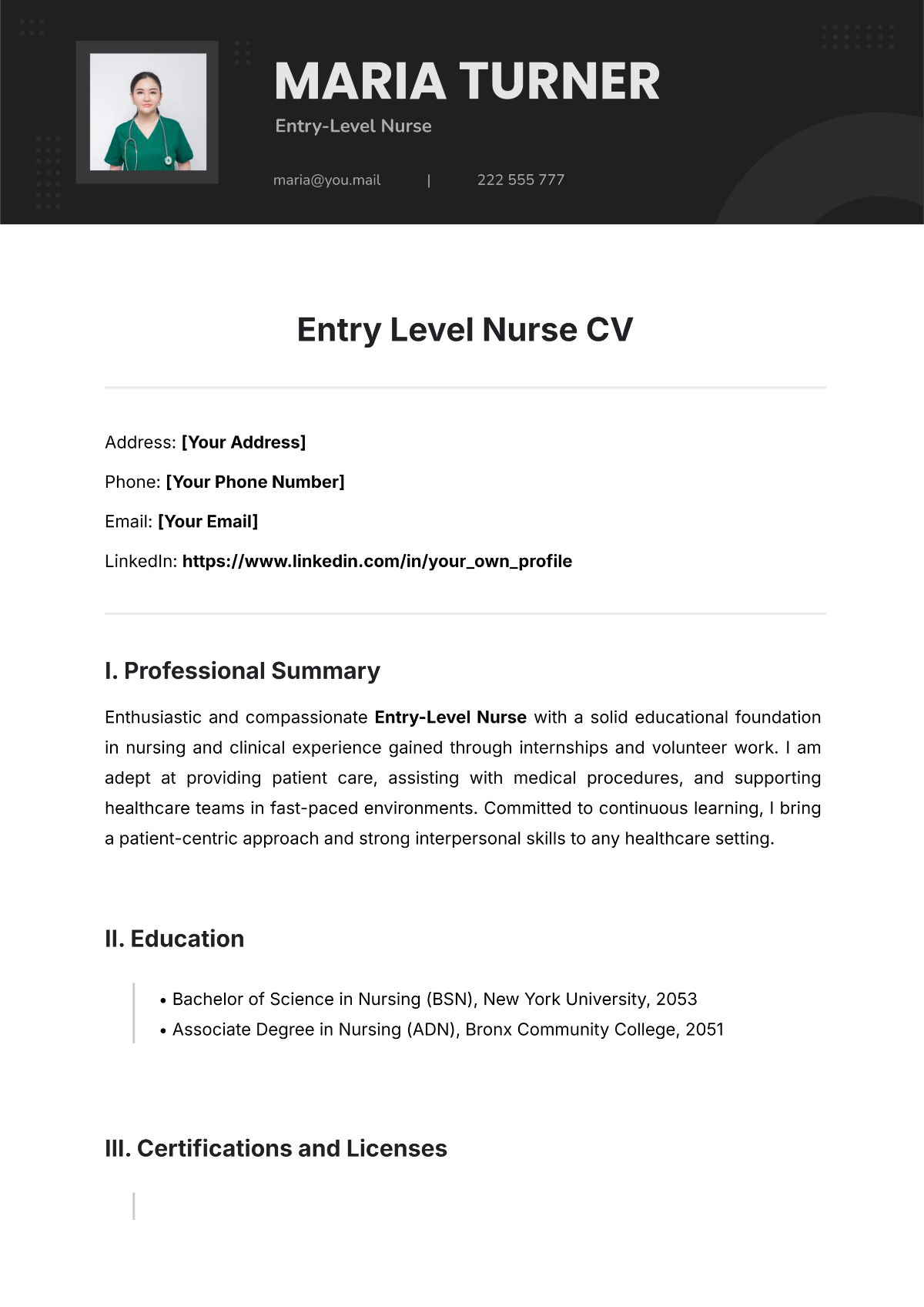 Entry Level Nurse CV Template - Edit Online & Download