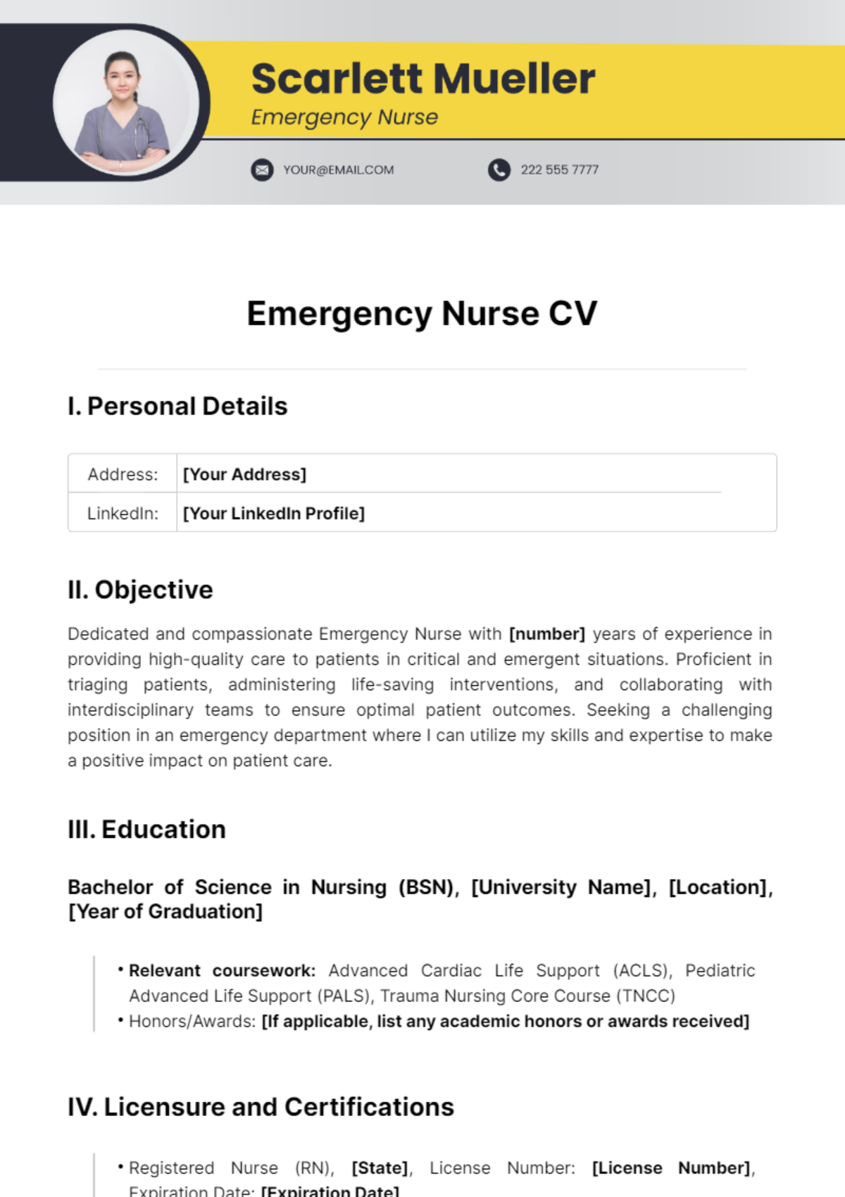 Free Emergency Nurse CV Template