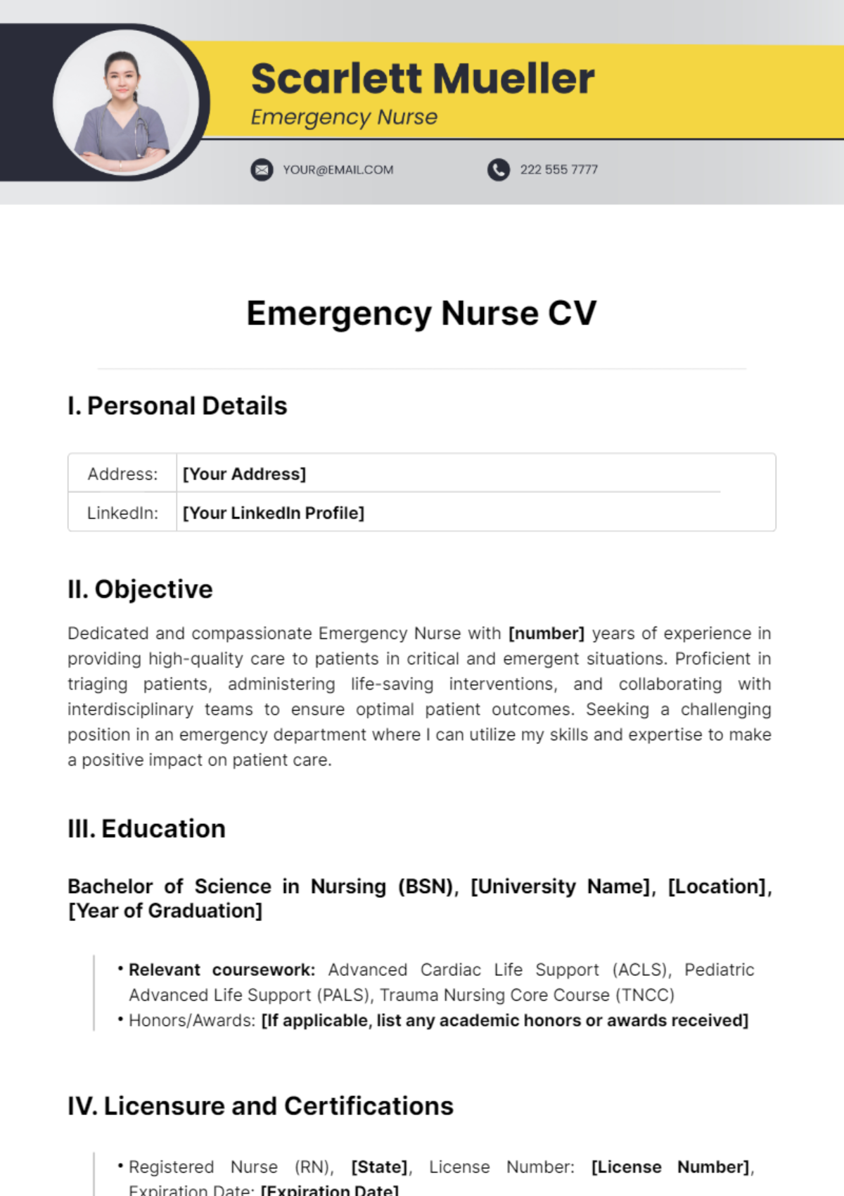 Emergency Nurse CV Template - Edit Online & Download