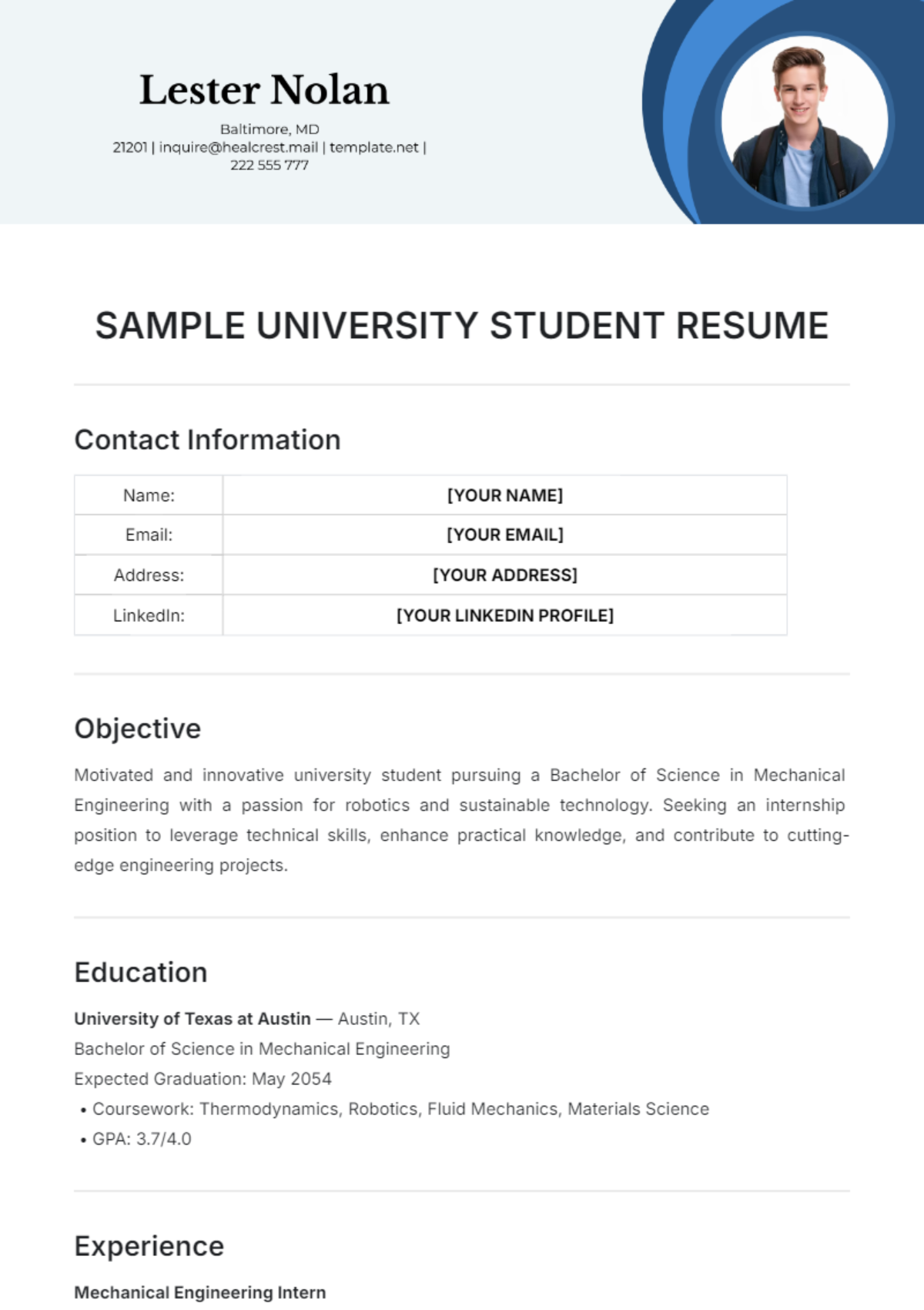 Sample University Student Resume Template - Edit Online & Download