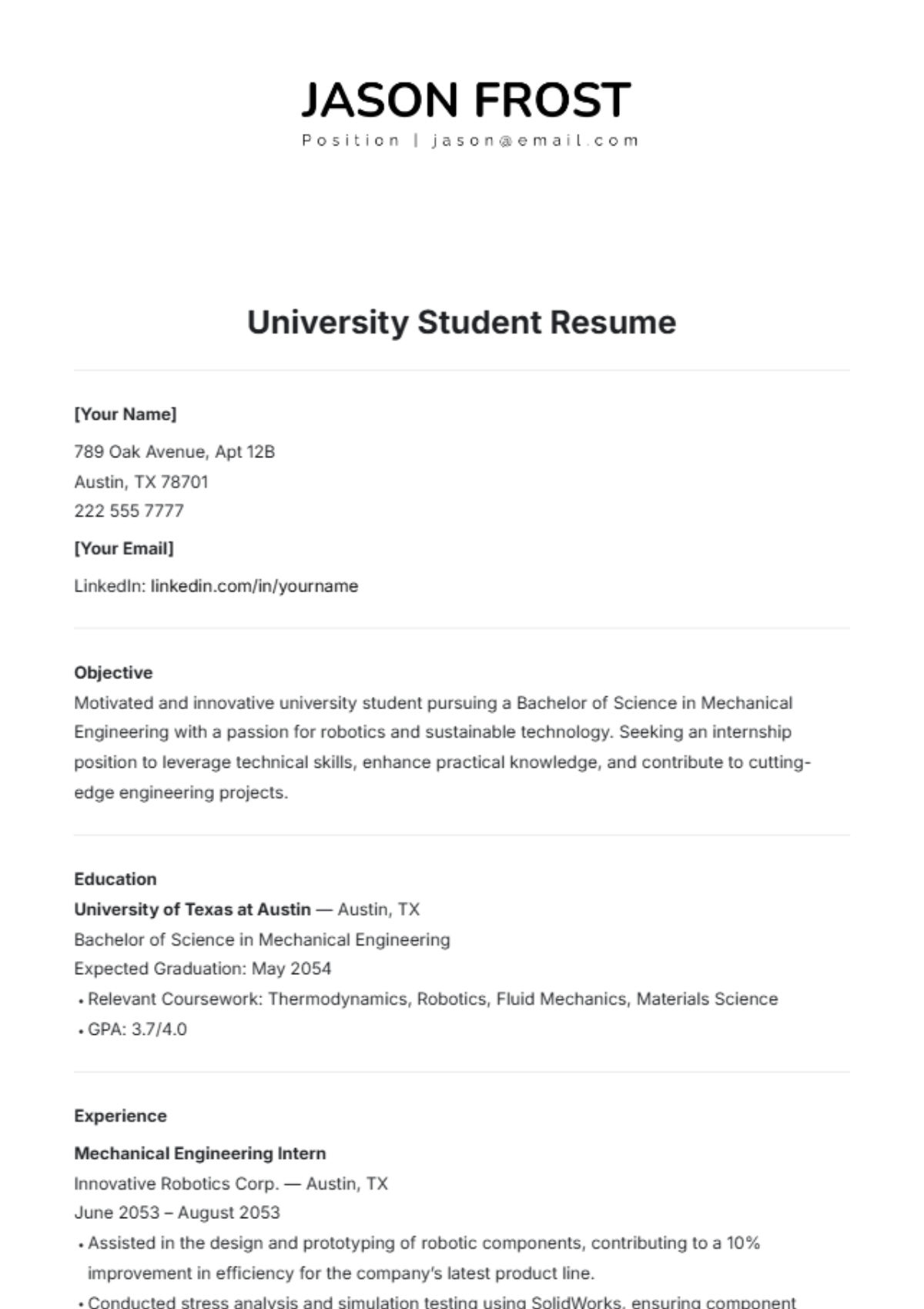 University Student Resume Template