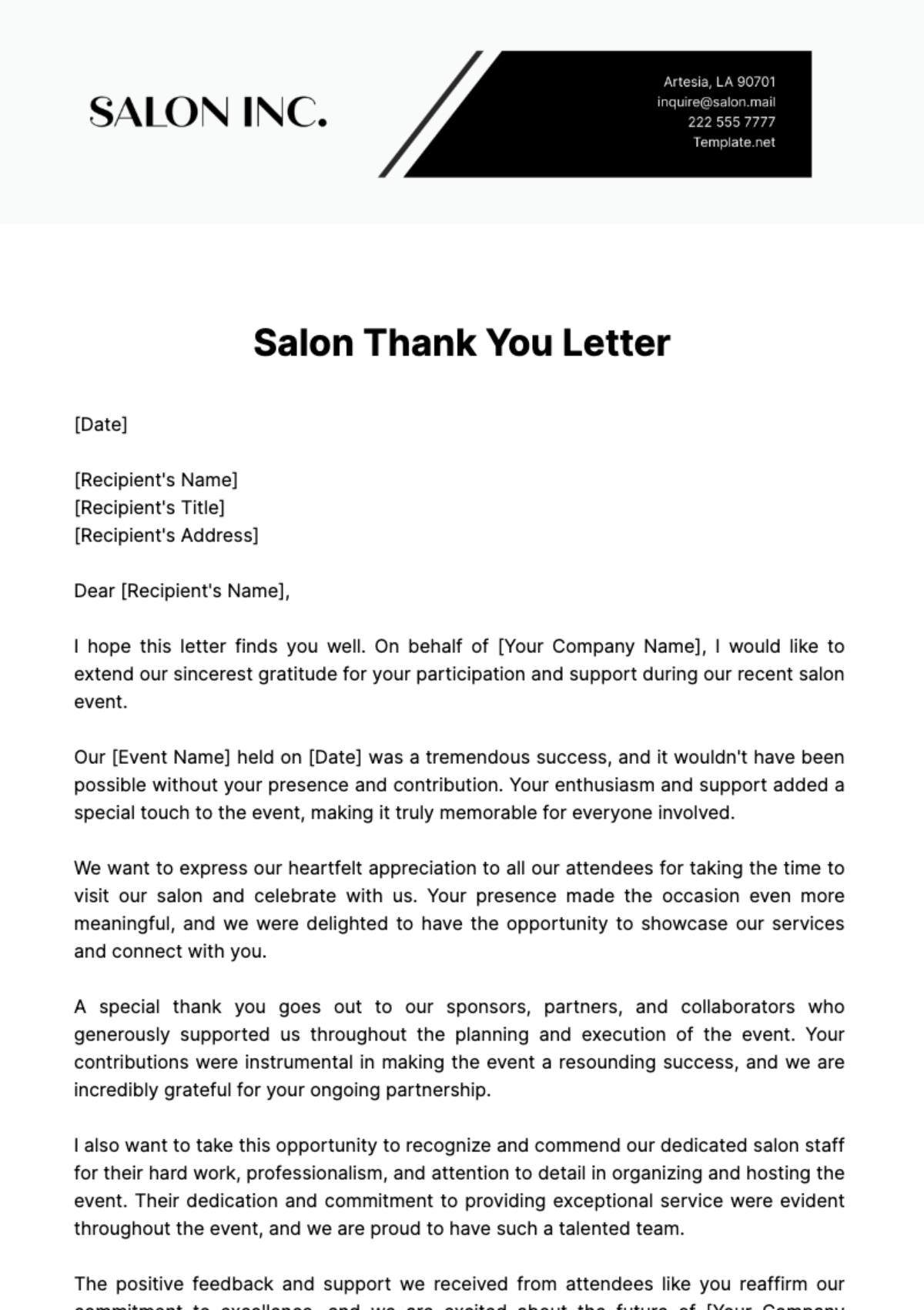 Salon Thank You Letter Template