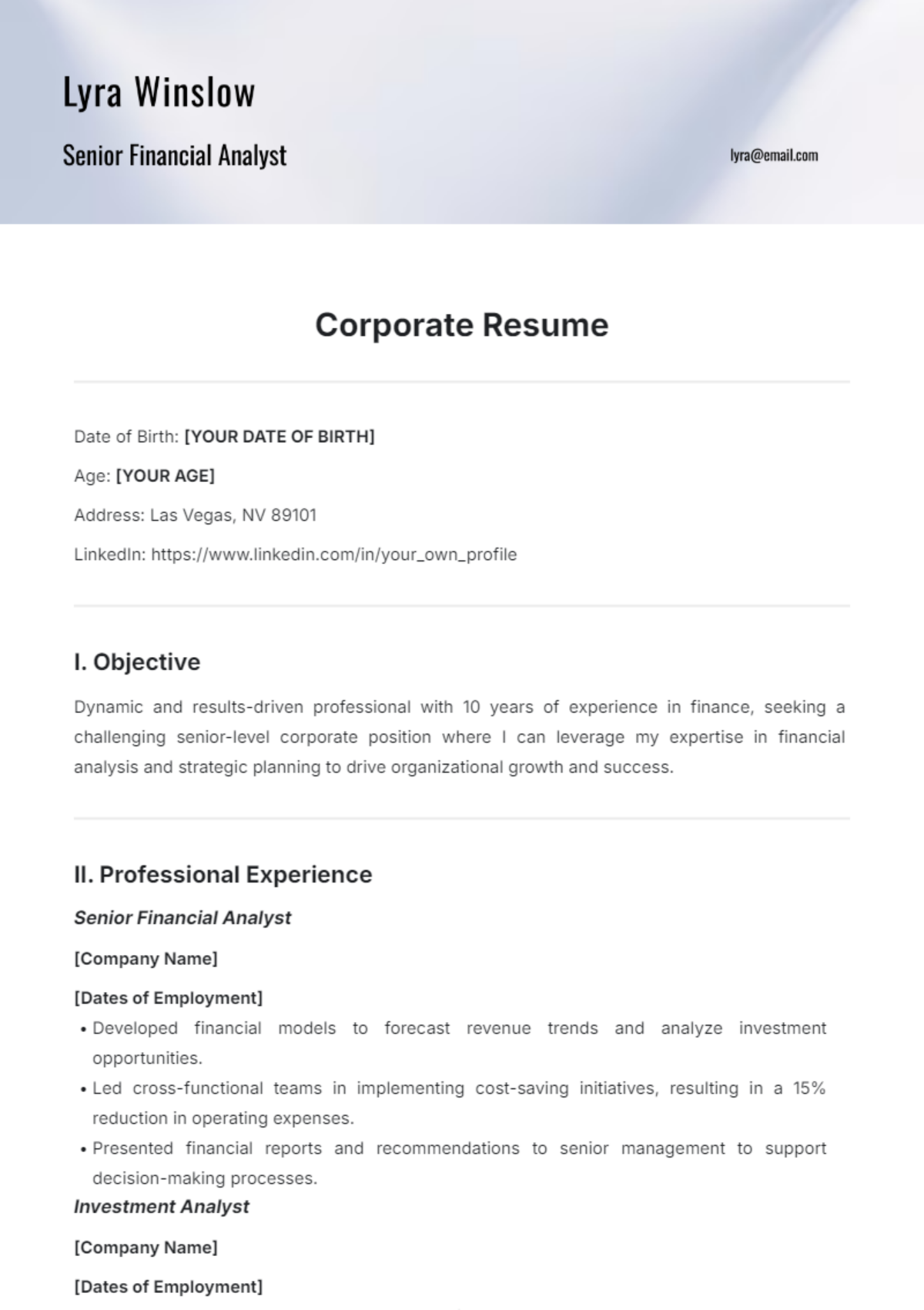 Corporate Resume Template - Edit Online & Download