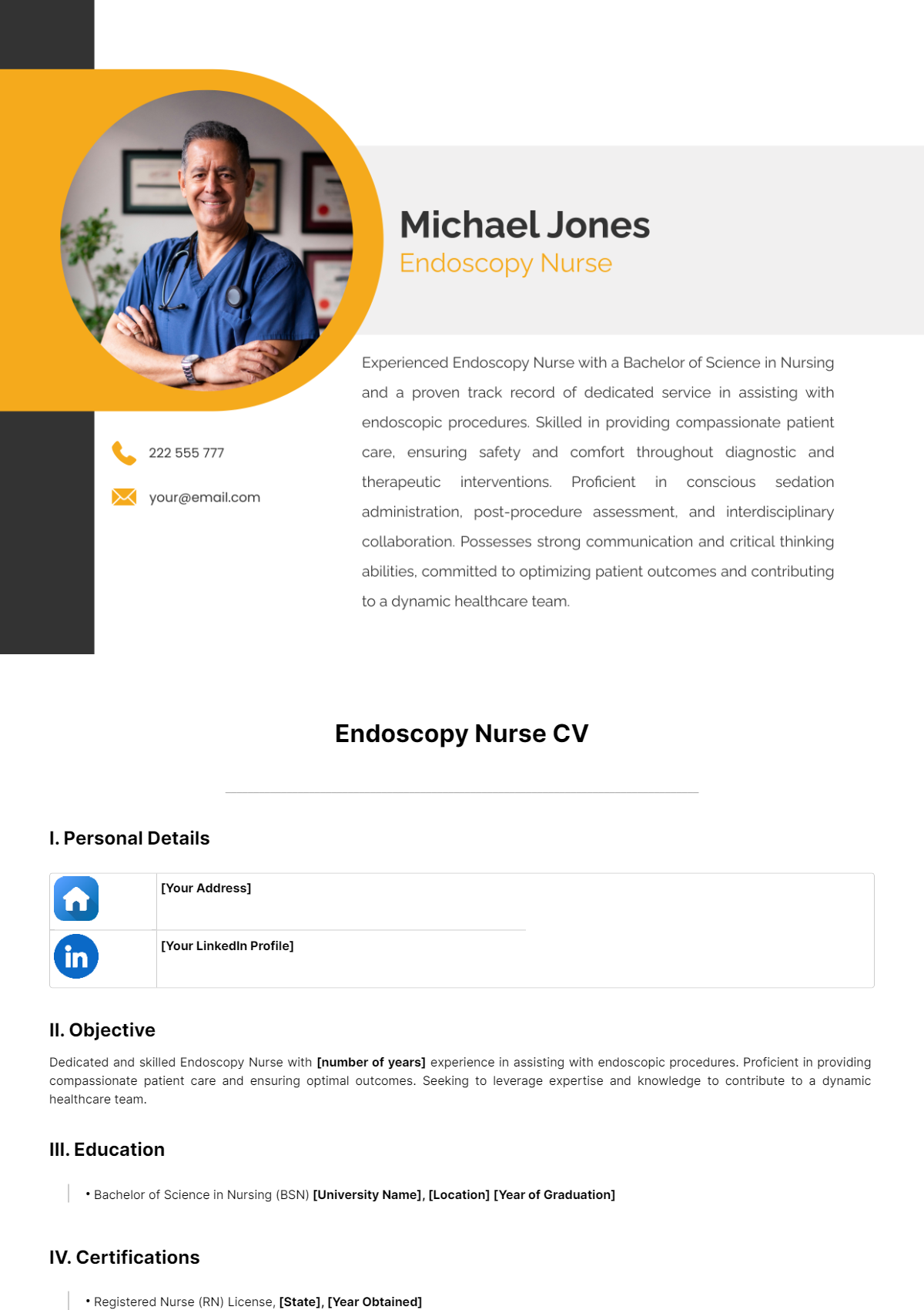 Endoscopy Nurse CV Template - Edit Online & Download