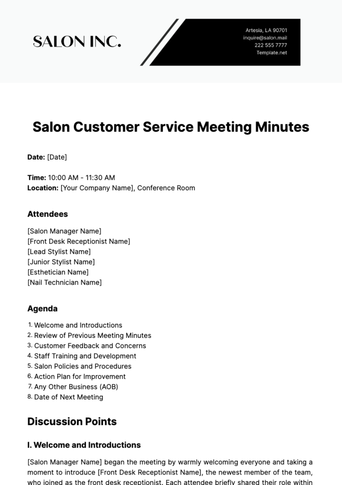 Salon Customer Service Meeting Minute Template