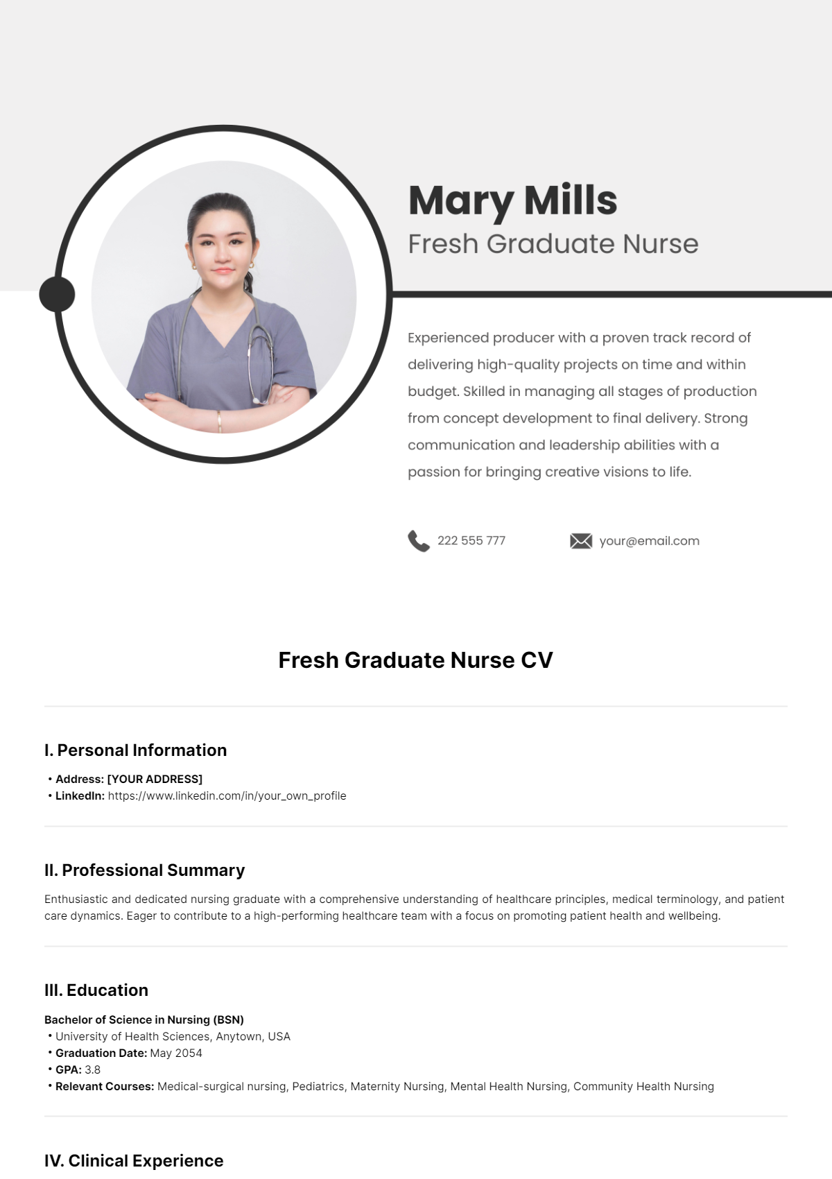 Free Fresh Graduate Nurse CV Template
