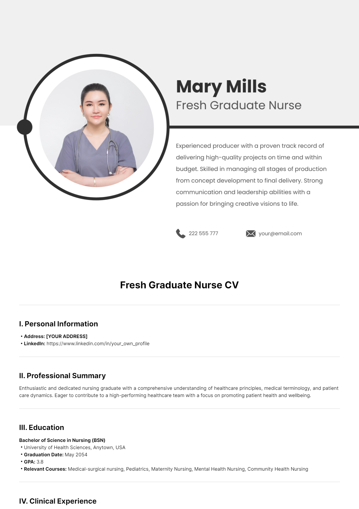 Free Fresh Graduate Nurse CV Template - Edit Online & Download ...