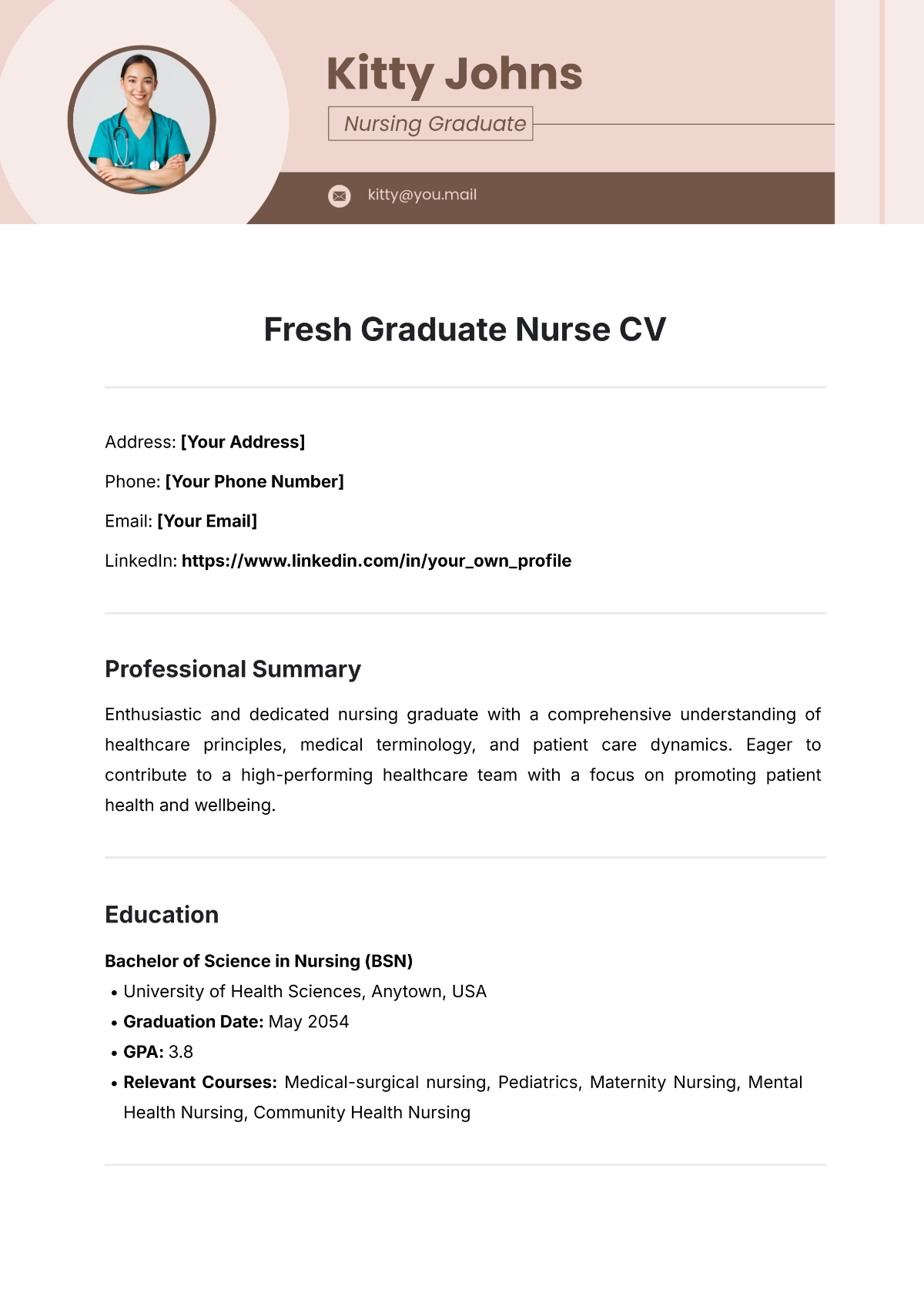 Fresh Graduate Nurse CV Template - Edit Online & Download