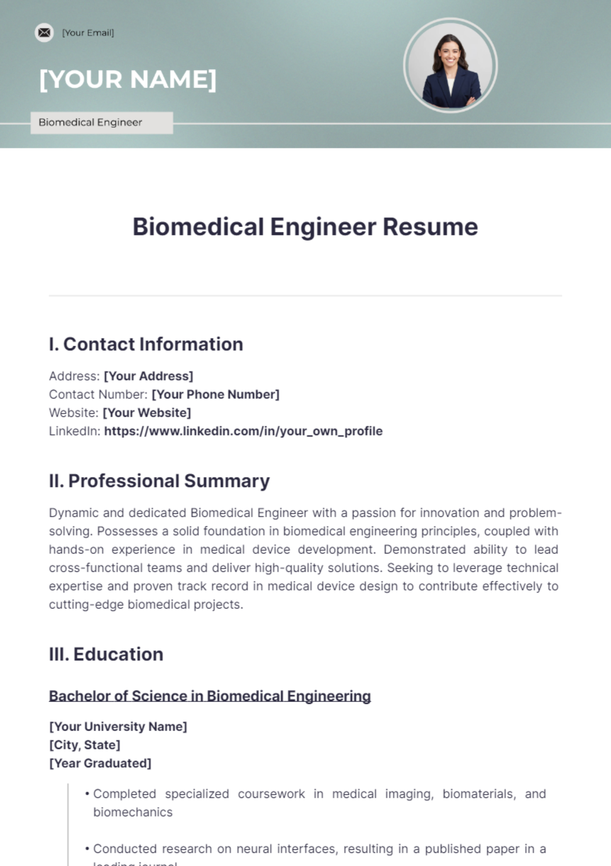 Biomedical Engineer Resume - Edit Online & Download