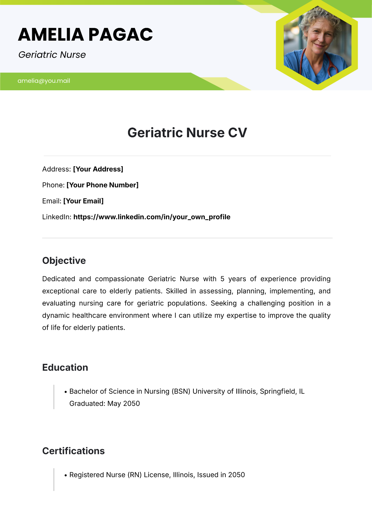 Geriatric Nurse CV Template - Edit Online & Download