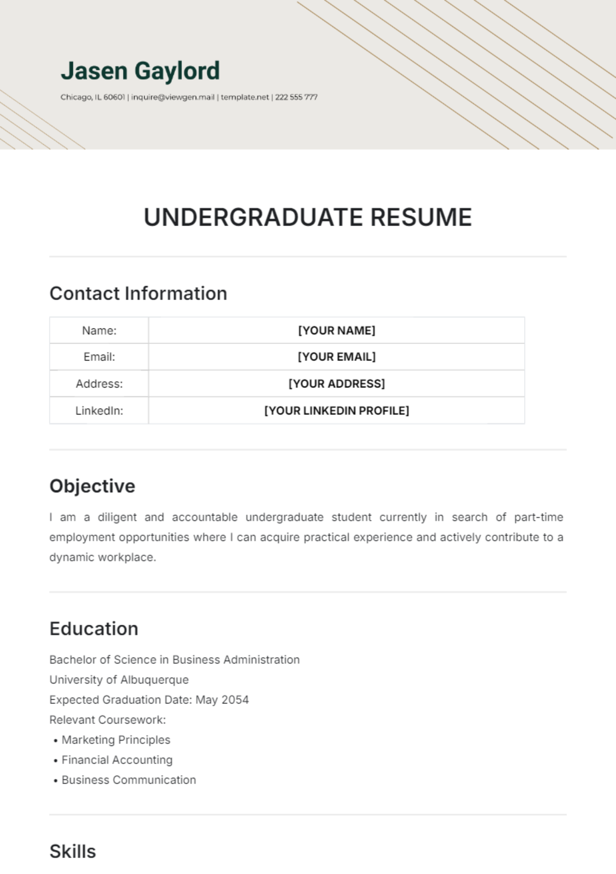 Undergraduate Resume Template - Edit Online & Download