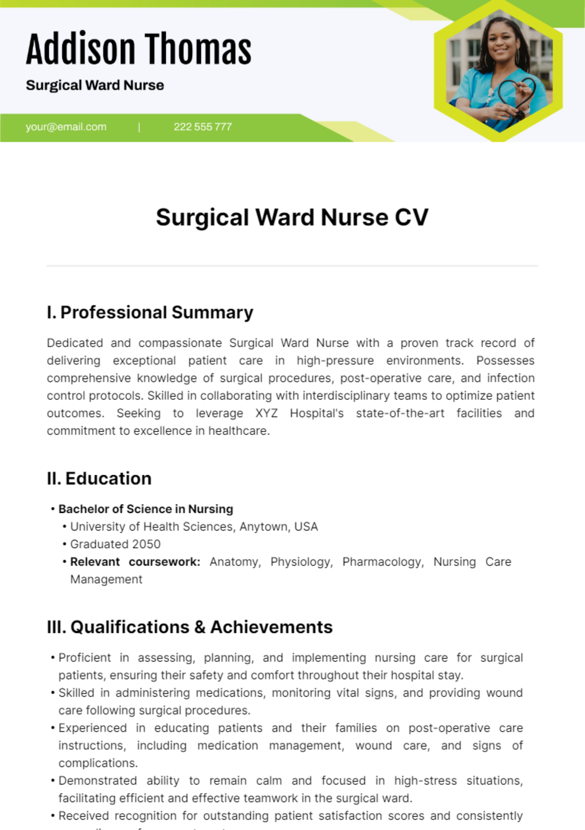 Free Surgical Ward Nurse CV Template