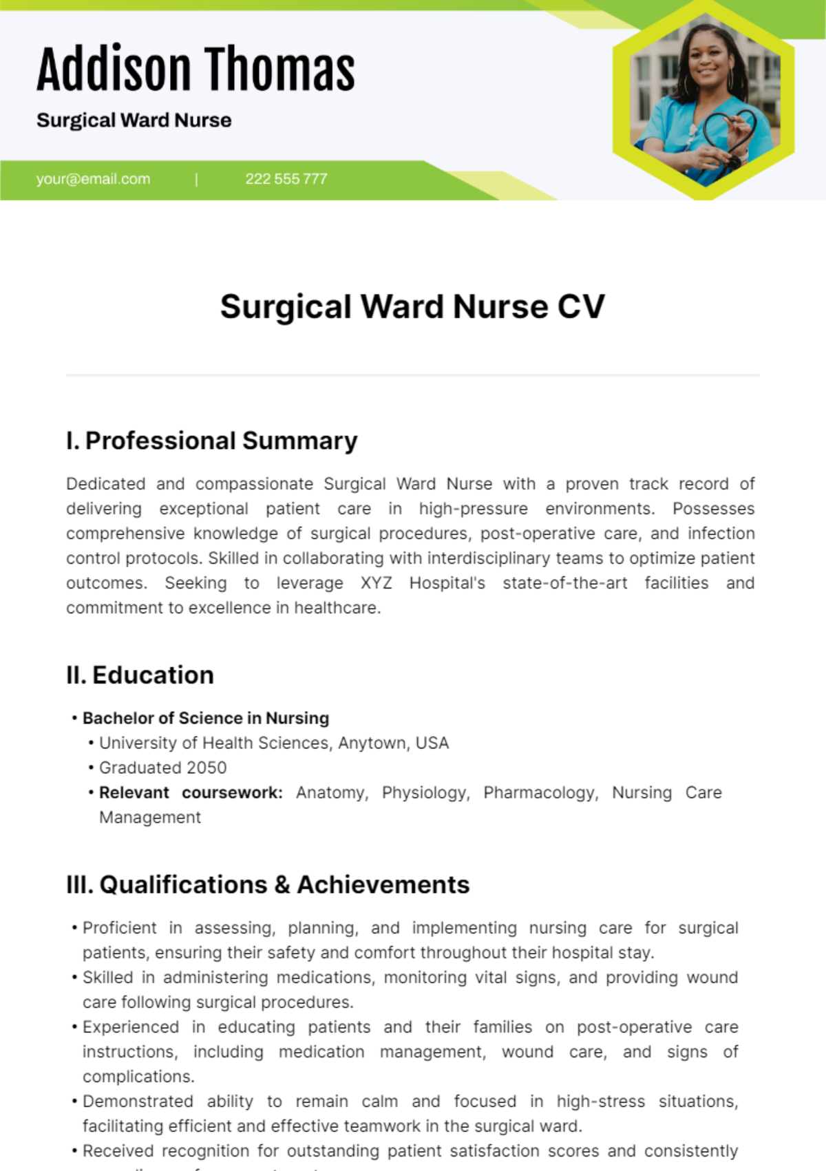 Surgical Ward Nurse CV Template - Edit Online & Download