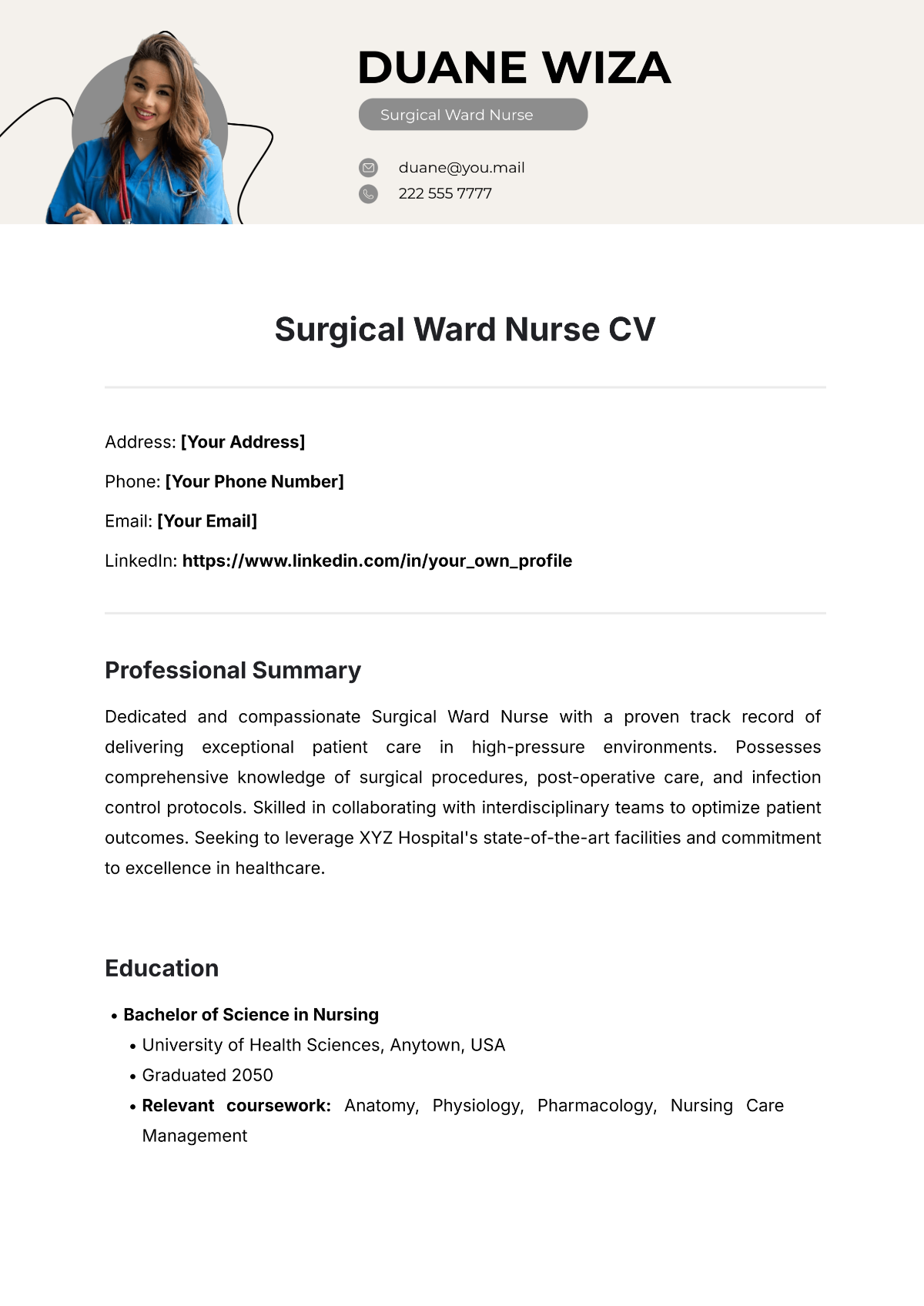 Surgical Ward Nurse CV Template - Edit Online & Download