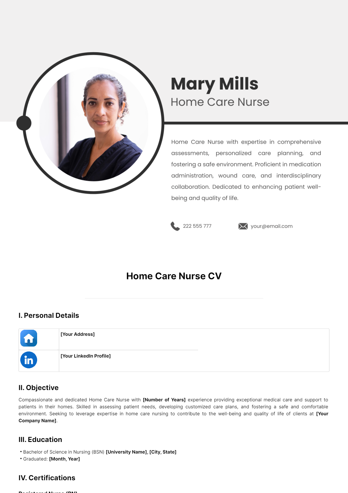 Home Care Nurse CV Template - Edit Online & Download