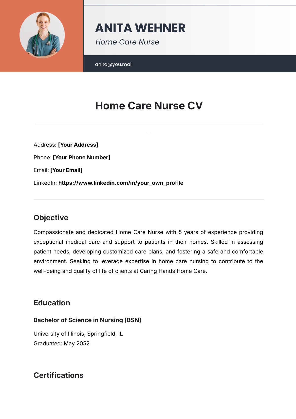 Home Care Nurse CV Template - Edit Online & Download