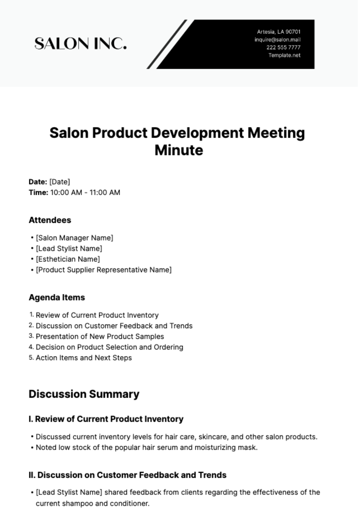 Free Salon Product Development Meeting Minute Template
