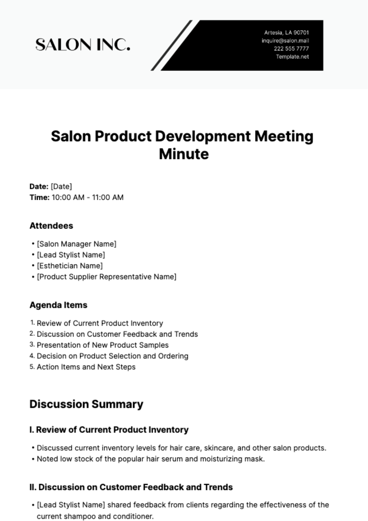 Salon Product Development Meeting Minute Template