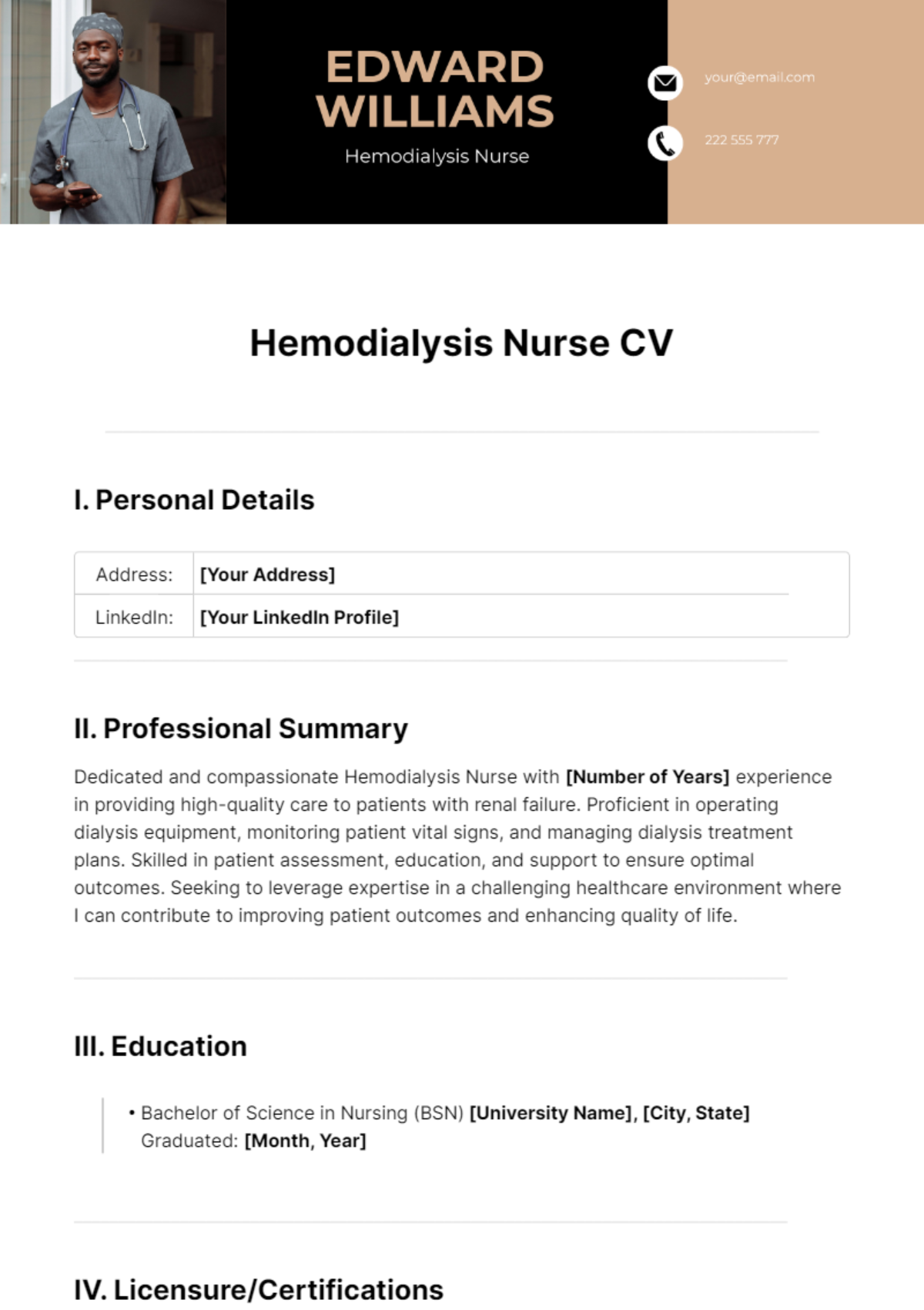 Free Hemodialysis Nurse CV Template