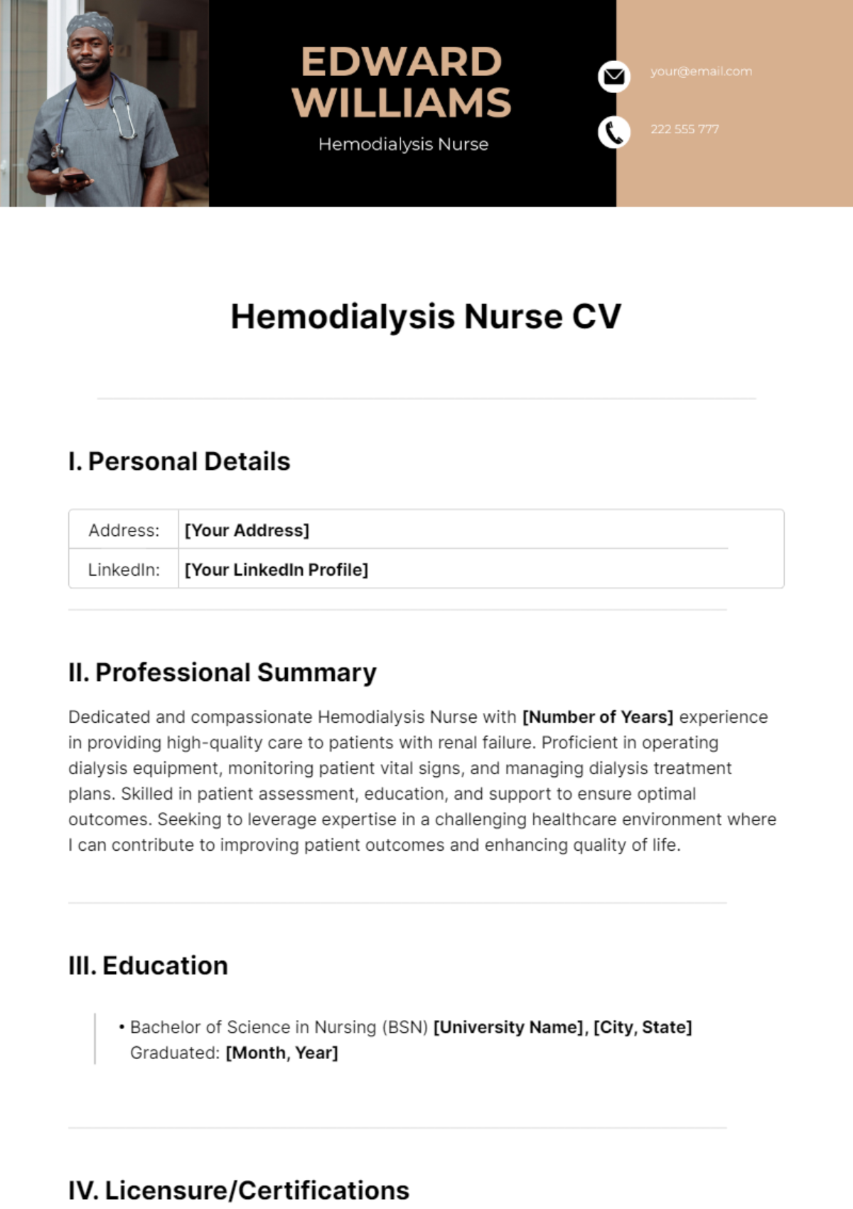 Hemodialysis Nurse CV Template - Edit Online & Download