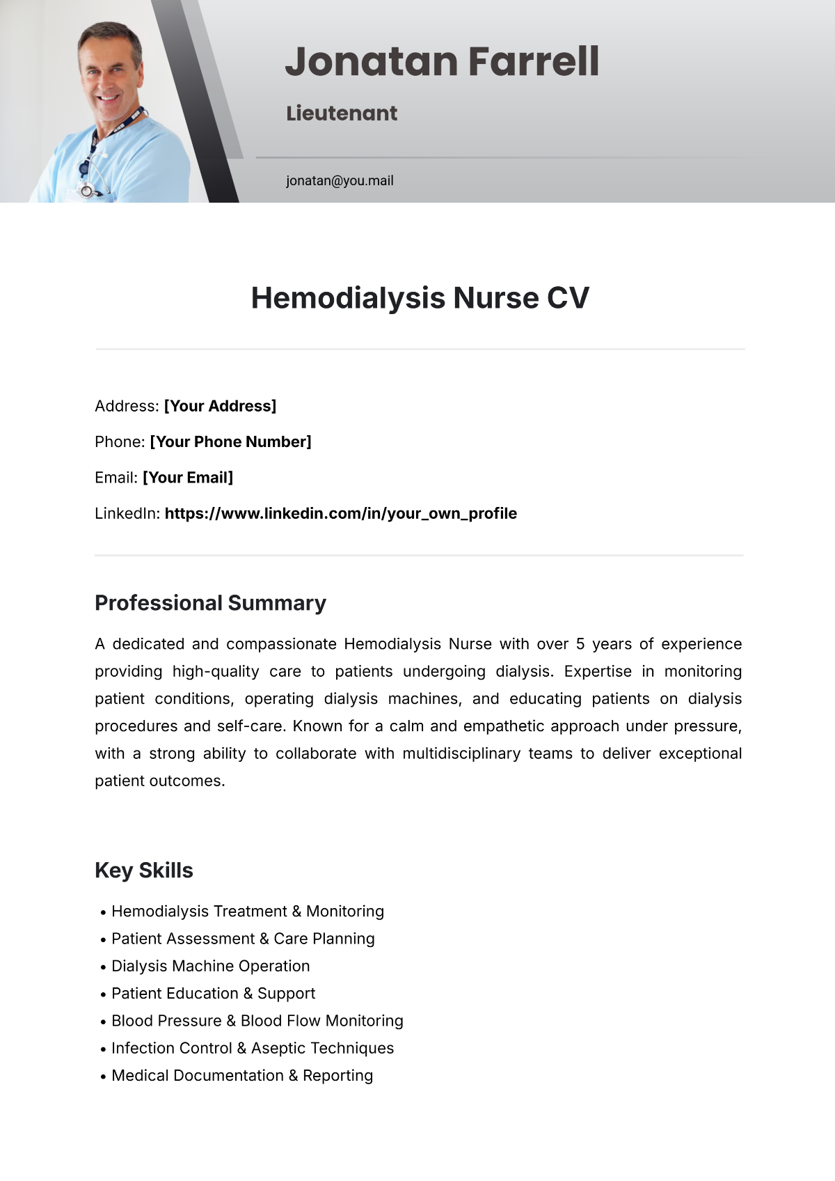 Hemodialysis Nurse CV Template - Edit Online & Download