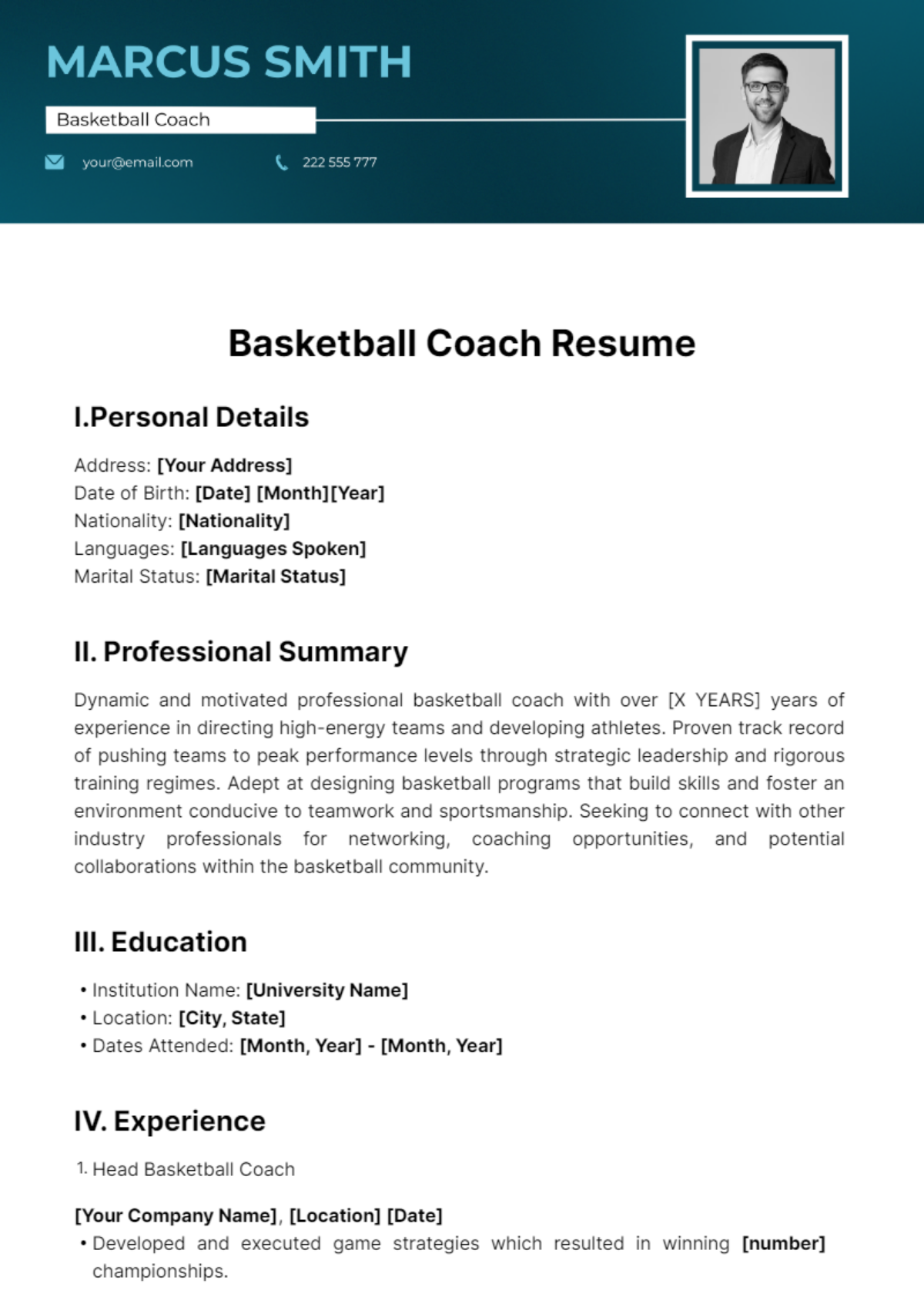 Basketball Coach Resume Template