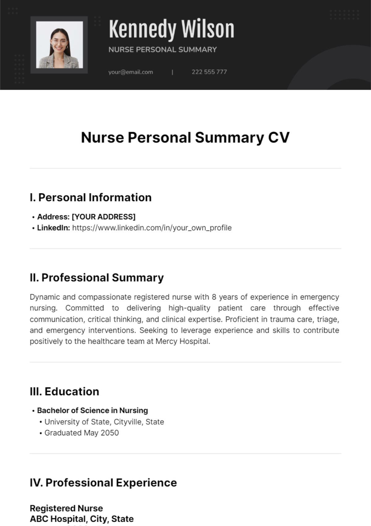 Nurse Personal Summary CV Template